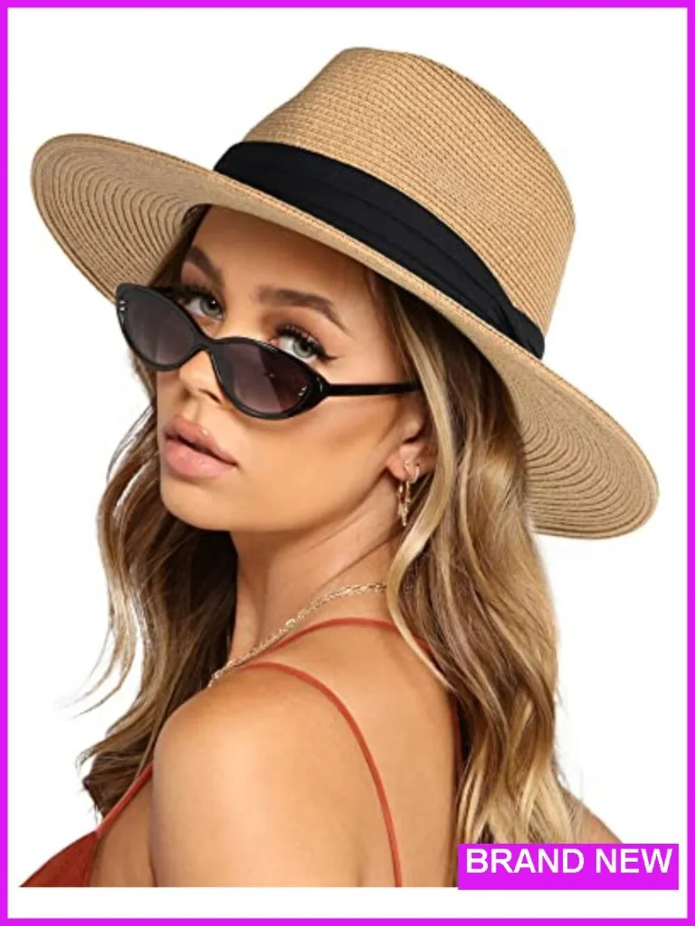 Wide Brim Straw Panama Hat Fedora Summer Beach Sun Hat UPF Protection